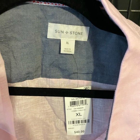 Sun + Stone Mens Milo Ombre Linen Blend Short Sleeve Button Down Shirt Pink XL - Picture 4 of 5